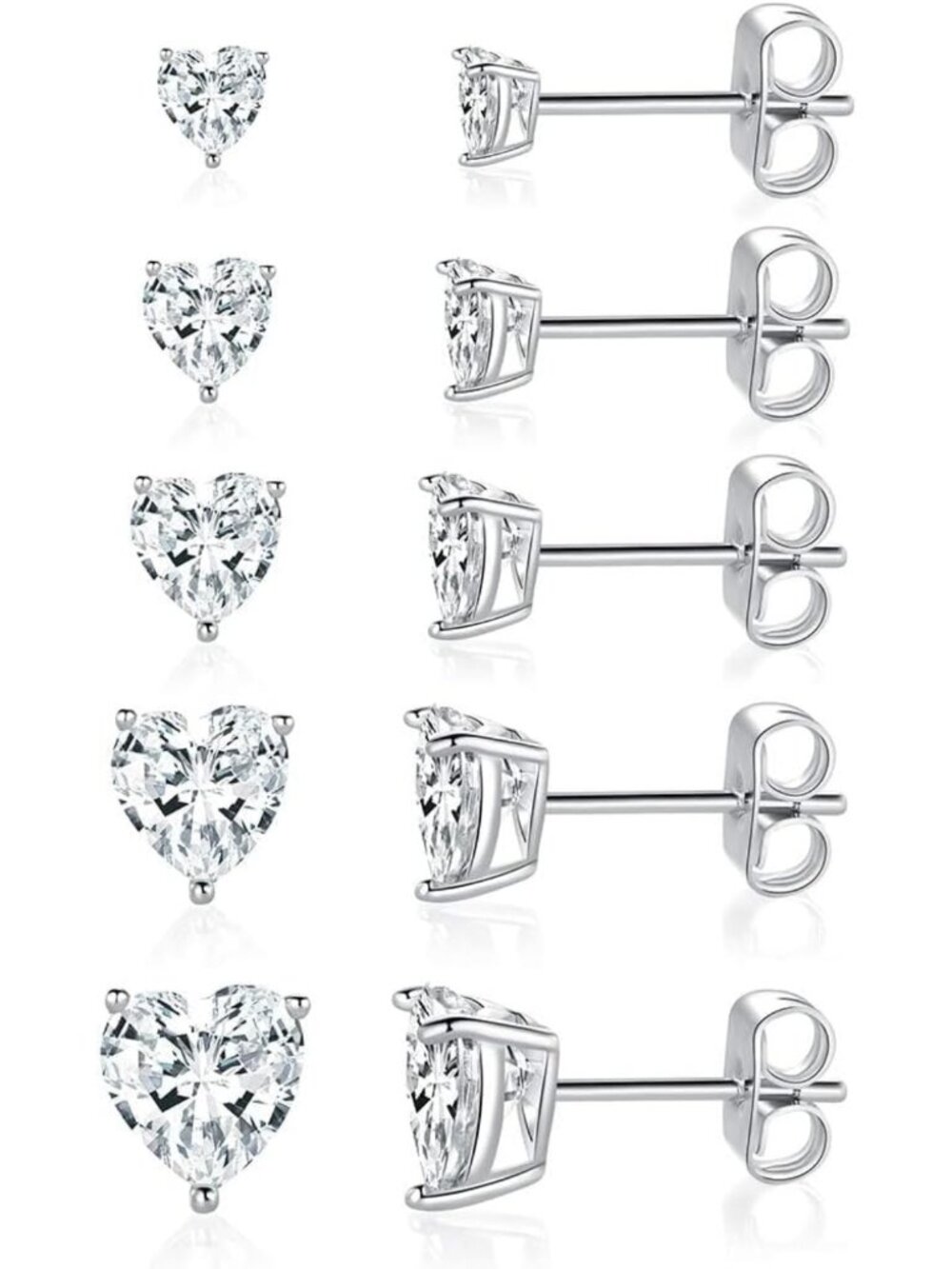 18K White Gold Plated Heart Stud Earrings Set - 5 Pairs for Women, Fashion